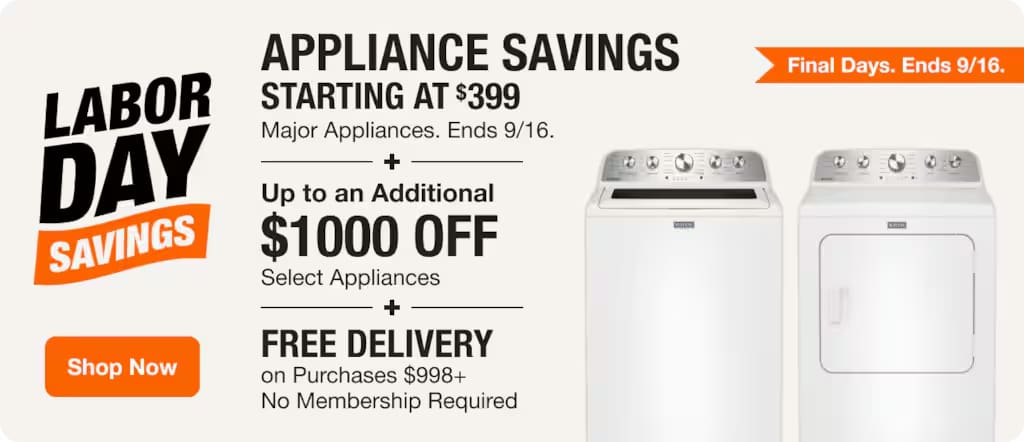 This image shows a Labor Day appliance sale ad, featuring discounts and free delivery, emphasizing savings and urgency.