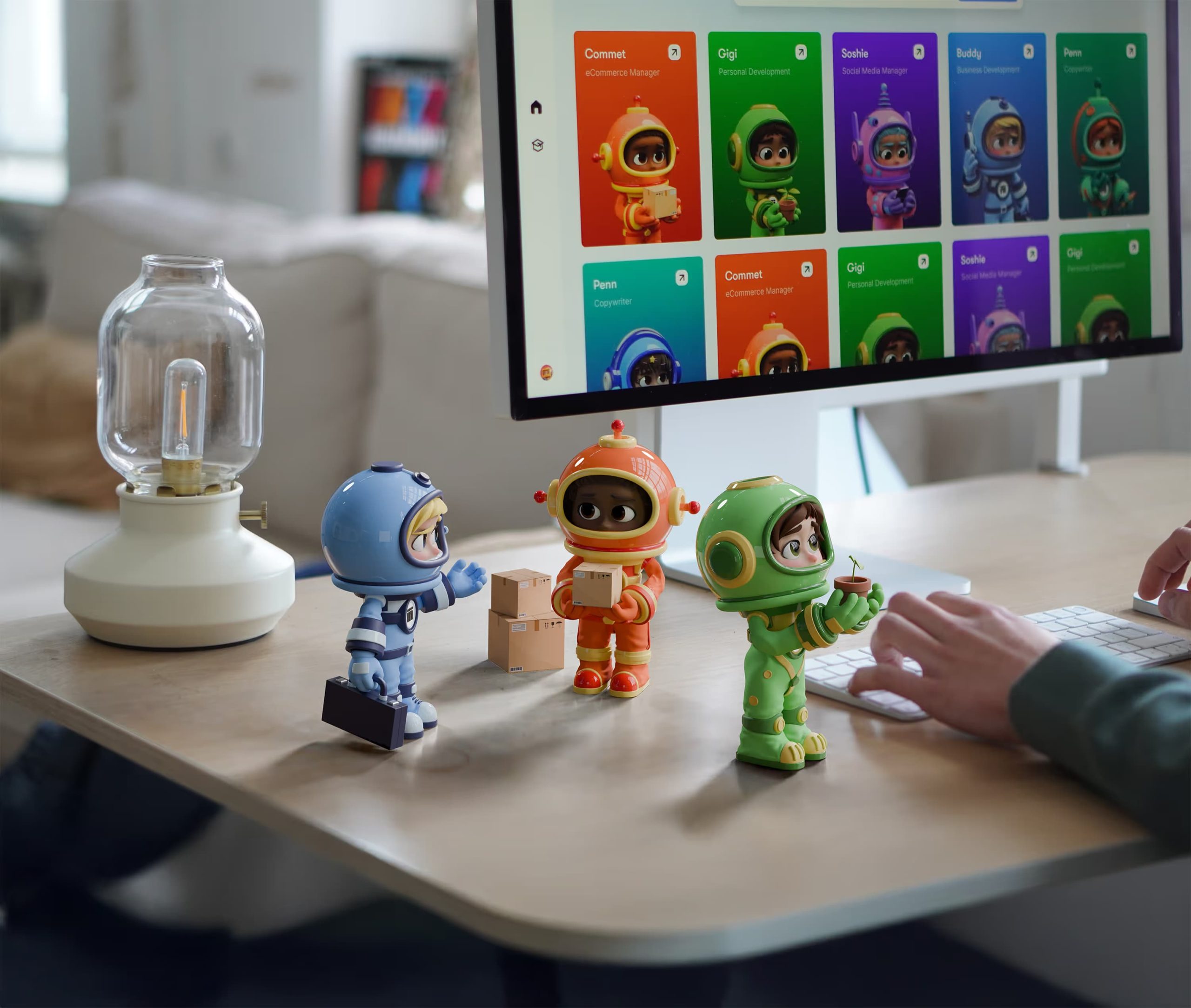 This image doesn't feature a tattoo design. It shows small astronaut figures in colorful spacesuits on a desk by a screen.