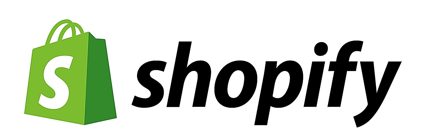 Green bag with S logo, symbolizing e-commerce success, paired with shopify in sleek, black font for a modern look.