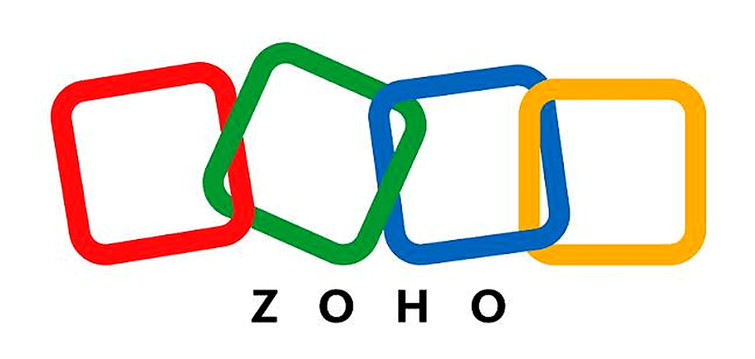 Colorful overlapping squares form the word Zoho, showcasing a bold and modern design.